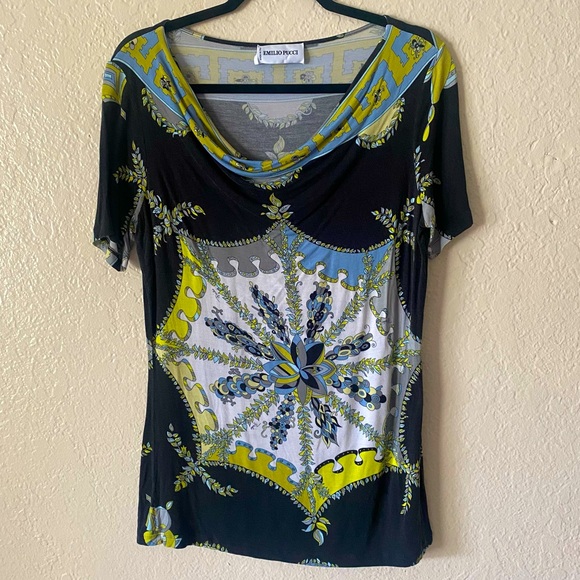 Emilio Pucci Cowl Neck Patterned Blouse Size M/L Black Yellow Blue Chic Stretch - Picture 1 of 6